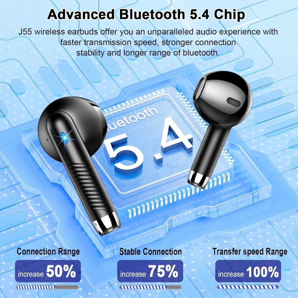 Wireless Earbuds, Bluetooth Headphones V5.4 Stereo Bass Ear buds with ENC Noise Cancelling Mics, 40H Bluetooth Earbuds with LED Display Charging Case, IP7 Waterproof Earphones for Android iOS, Black - Image 4