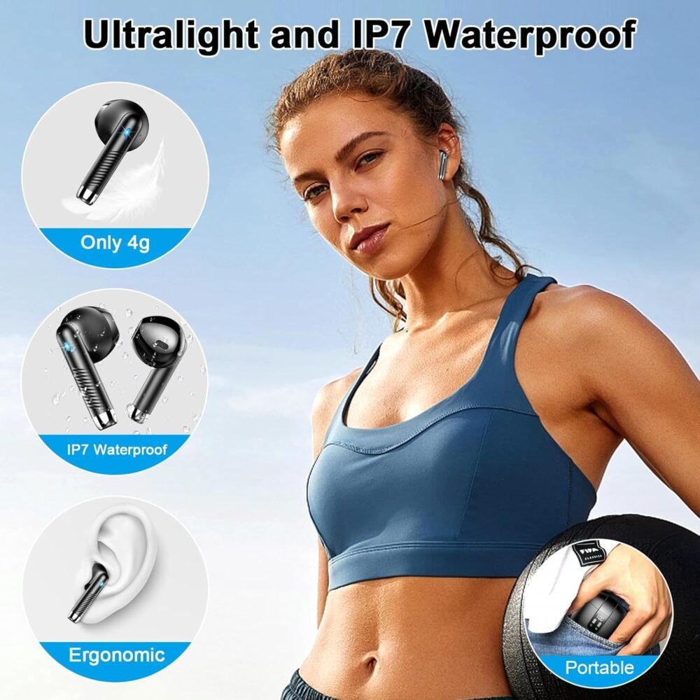 Wireless Earbuds, Bluetooth Headphones V5.4 Stereo Bass Ear buds with ENC Noise Cancelling Mics, 40H Bluetooth Earbuds with LED Display Charging Case, IP7 Waterproof Earphones for Android iOS, Black - Image 7
