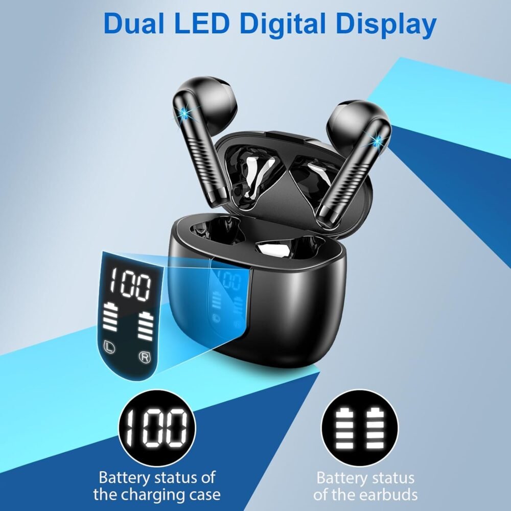 Wireless Earbuds, Bluetooth Headphones V5.4 Stereo Bass Ear buds with ENC Noise Cancelling Mics, 40H Bluetooth Earbuds with LED Display Charging Case, IP7 Waterproof Earphones for Android iOS, Black - Image 8