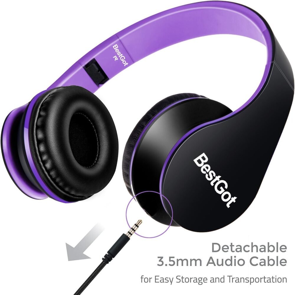 Kids Headphones BG6002 Children Headphones for Kids Boys Adult with Microphone Volume Control Foldable Headset with 3.5mm Plug Removable Cord (Black/Purple) - Image 3