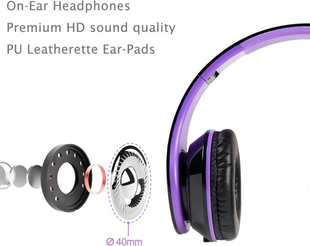 Kids Headphones BG6002 Children Headphones for Kids Boys Adult with Microphone Volume Control Foldable Headset with 3.5mm Plug Removable Cord (Black/Purple) - Image 10