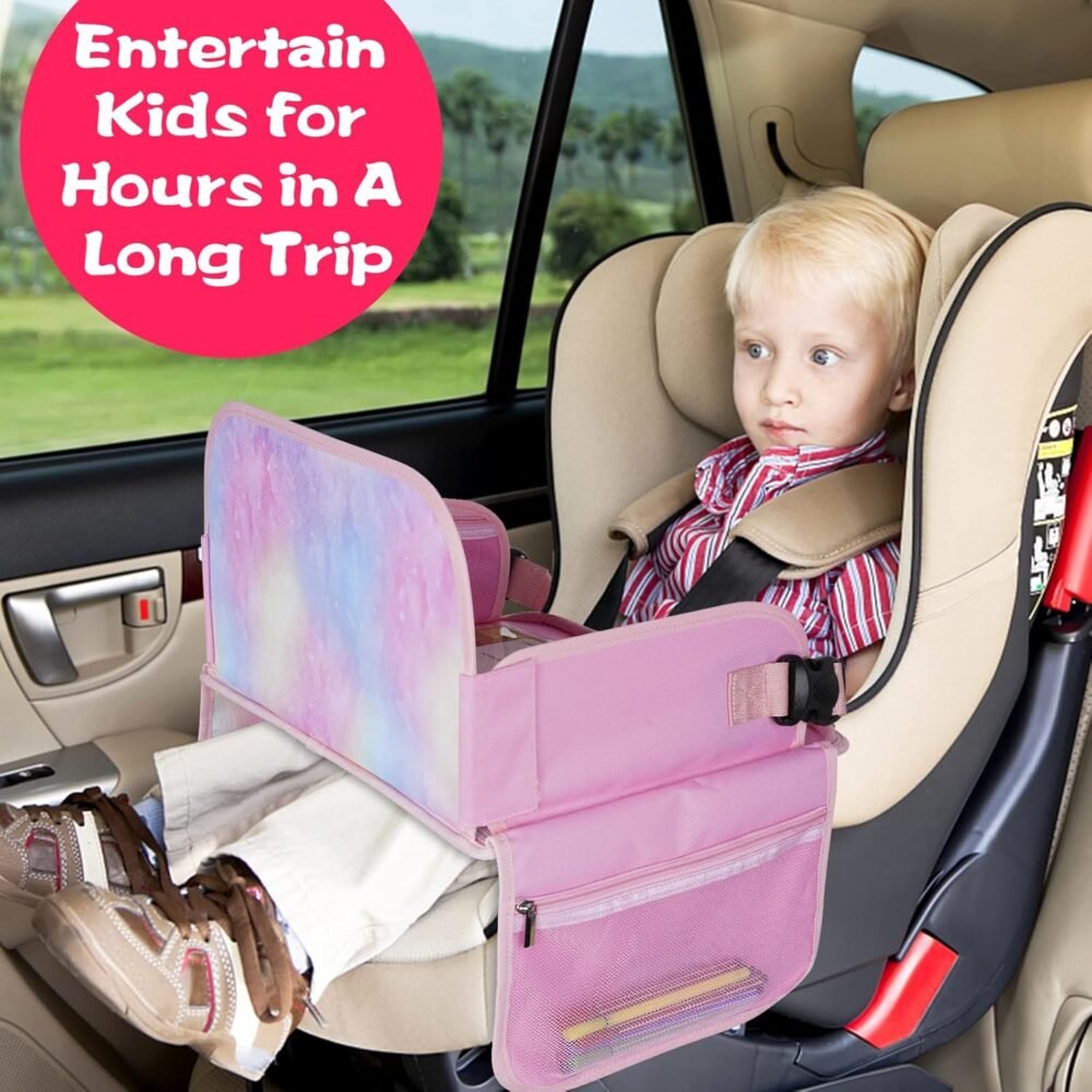 Kids Travel Tray, Car Seat Table Tray, Road Trip Essentials with Educational Drawing Board, Tablet Holder & Cooler Cup Holder, Travel Table for Kids Gifts in Car, Airplane, Multicoloured - Image 3