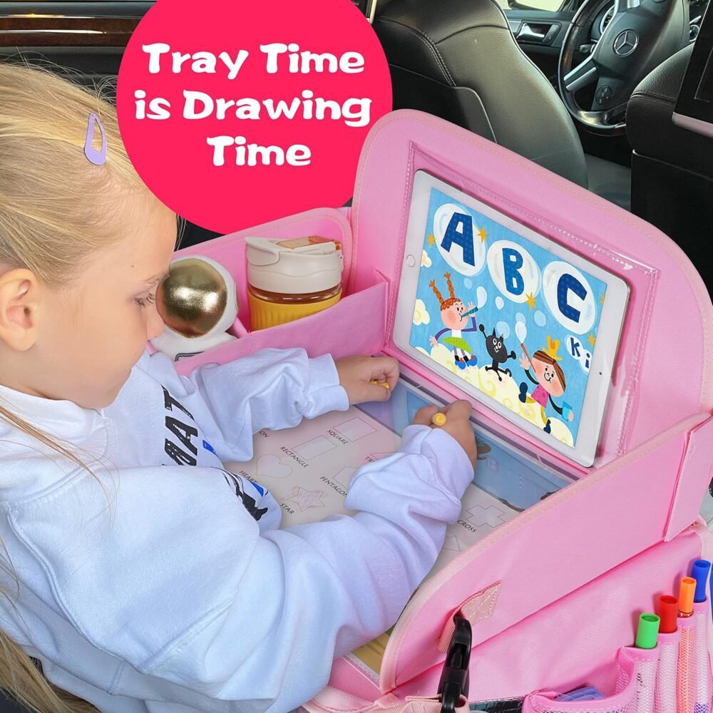 Kids Travel Tray, Car Seat Table Tray, Road Trip Essentials with Educational Drawing Board, Tablet Holder & Cooler Cup Holder, Travel Table for Kids Gifts in Car, Airplane, Multicoloured - Image 4