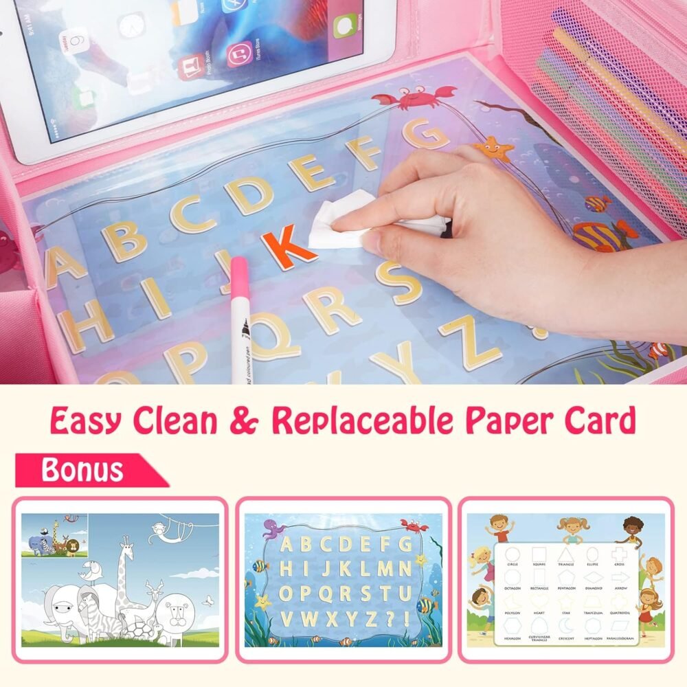 Kids Travel Tray, Car Seat Table Tray, Road Trip Essentials with Educational Drawing Board, Tablet Holder & Cooler Cup Holder, Travel Table for Kids Gifts in Car, Airplane, Multicoloured - Image 5