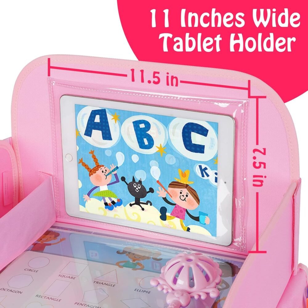 Kids Travel Tray, Car Seat Table Tray, Road Trip Essentials with Educational Drawing Board, Tablet Holder & Cooler Cup Holder, Travel Table for Kids Gifts in Car, Airplane, Multicoloured - Image 6
