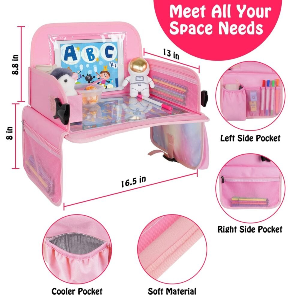 Kids Travel Tray, Car Seat Table Tray, Road Trip Essentials with Educational Drawing Board, Tablet Holder & Cooler Cup Holder, Travel Table for Kids Gifts in Car, Airplane, Multicoloured - Image 7