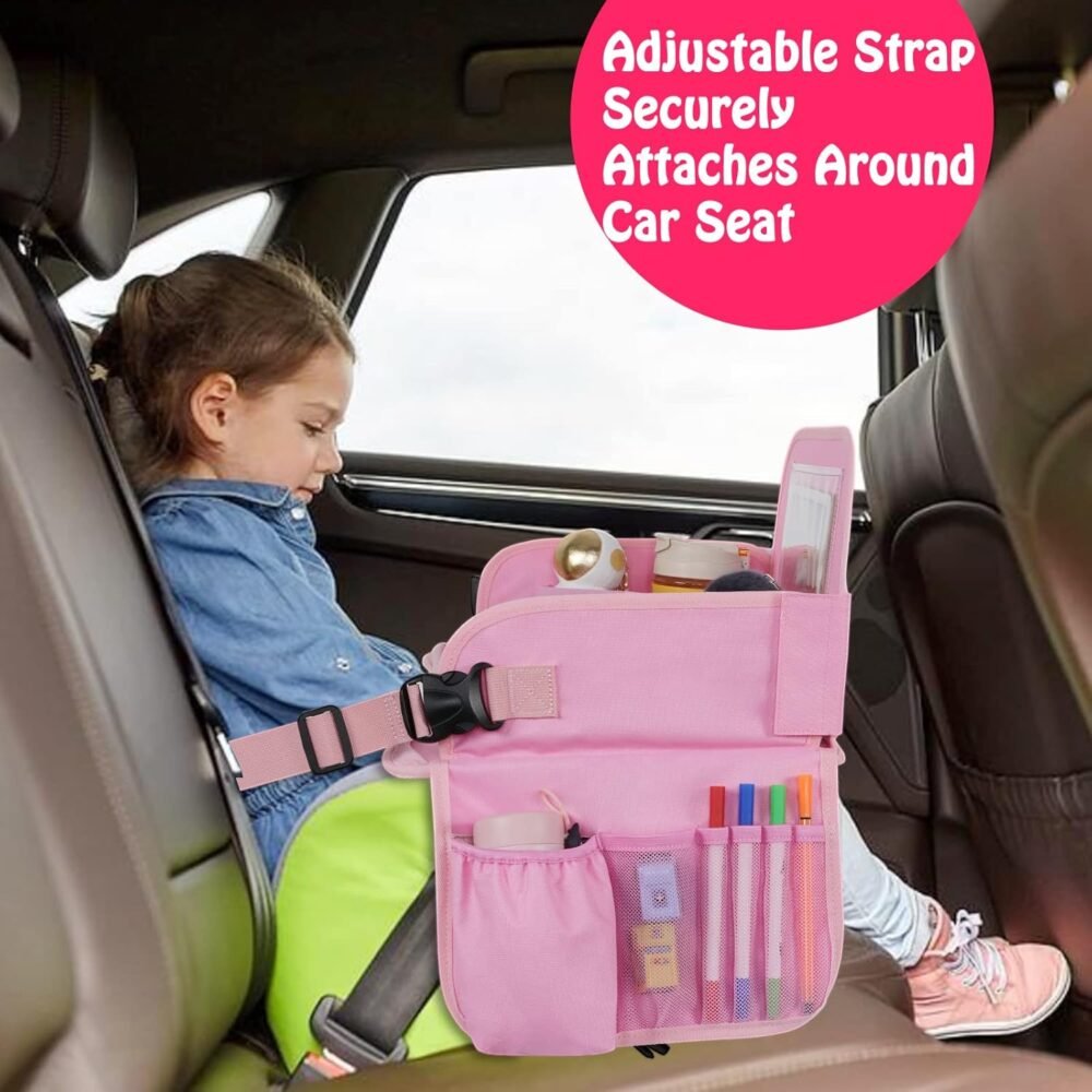 Kids Travel Tray, Car Seat Table Tray, Road Trip Essentials with Educational Drawing Board, Tablet Holder & Cooler Cup Holder, Travel Table for Kids Gifts in Car, Airplane, Multicoloured - Image 8