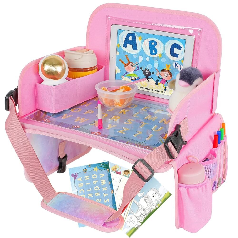 Kids Travel Tray, Car Seat Table Tray, Road Trip Essentials with Educational Drawing Board, Tablet Holder & Cooler Cup Holder, Travel Table for Kids Gifts in Car, Airplane, Multicoloured - Image 10