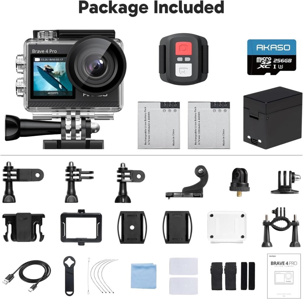 AKASO Brave 4 Pro 4K30 Action Camera with 256GB MicroSD U3 Card 131FT Underwater Waterproof Camera EIS Touch Screen Remote Control with 2x1350mAh Batteries and Helmet Accessories Kit Bundle - Image 10