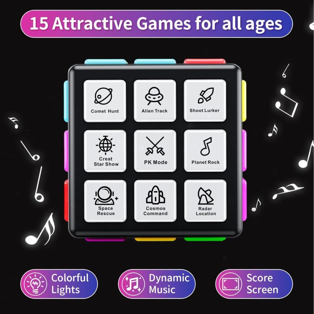 Rechargeable Game Cube - 15-in-1 Fun Brain Memory & Speed Games for Kids - Christmas Easter Birthday Gifts for Boys Girls Ages 6-12+ Years Old - Toys for Kids Teens with Score Screen (Black) - Image 3