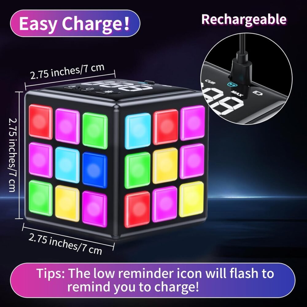 Rechargeable Game Cube - 15-in-1 Fun Brain Memory & Speed Games for Kids - Christmas Easter Birthday Gifts for Boys Girls Ages 6-12+ Years Old - Toys for Kids Teens with Score Screen (Black) - Image 8