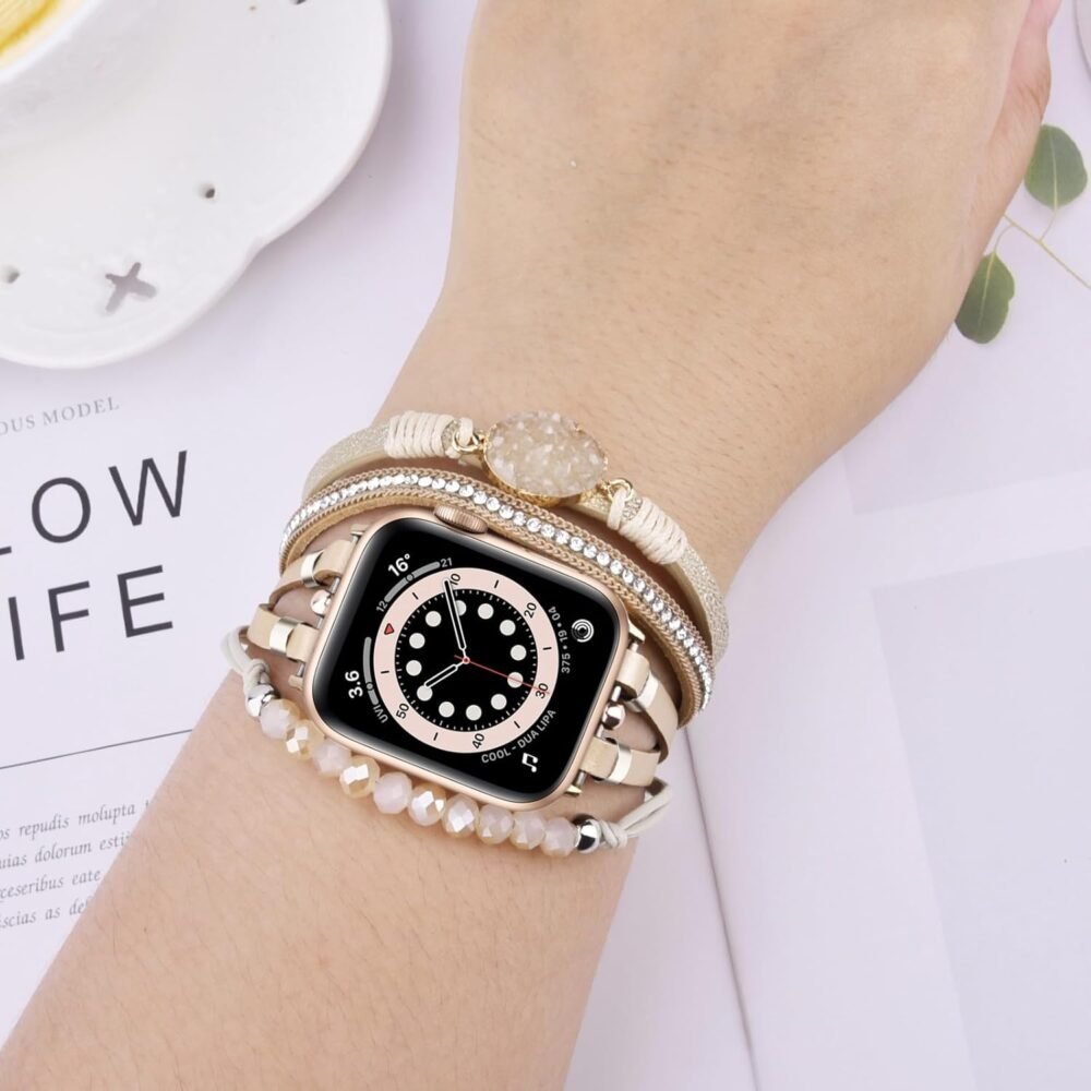 VISOOM Beaded Boho Bracelet Compatible for Apple Watch Band 40mm/38mm/41mm/46mm Series 10 9 8 7 SE Series 6/5/4 Women Leather Fashion Cute Handmade Multilayer Wrap Watch Strap for iWatch Bands 3/2/1 - Image 3