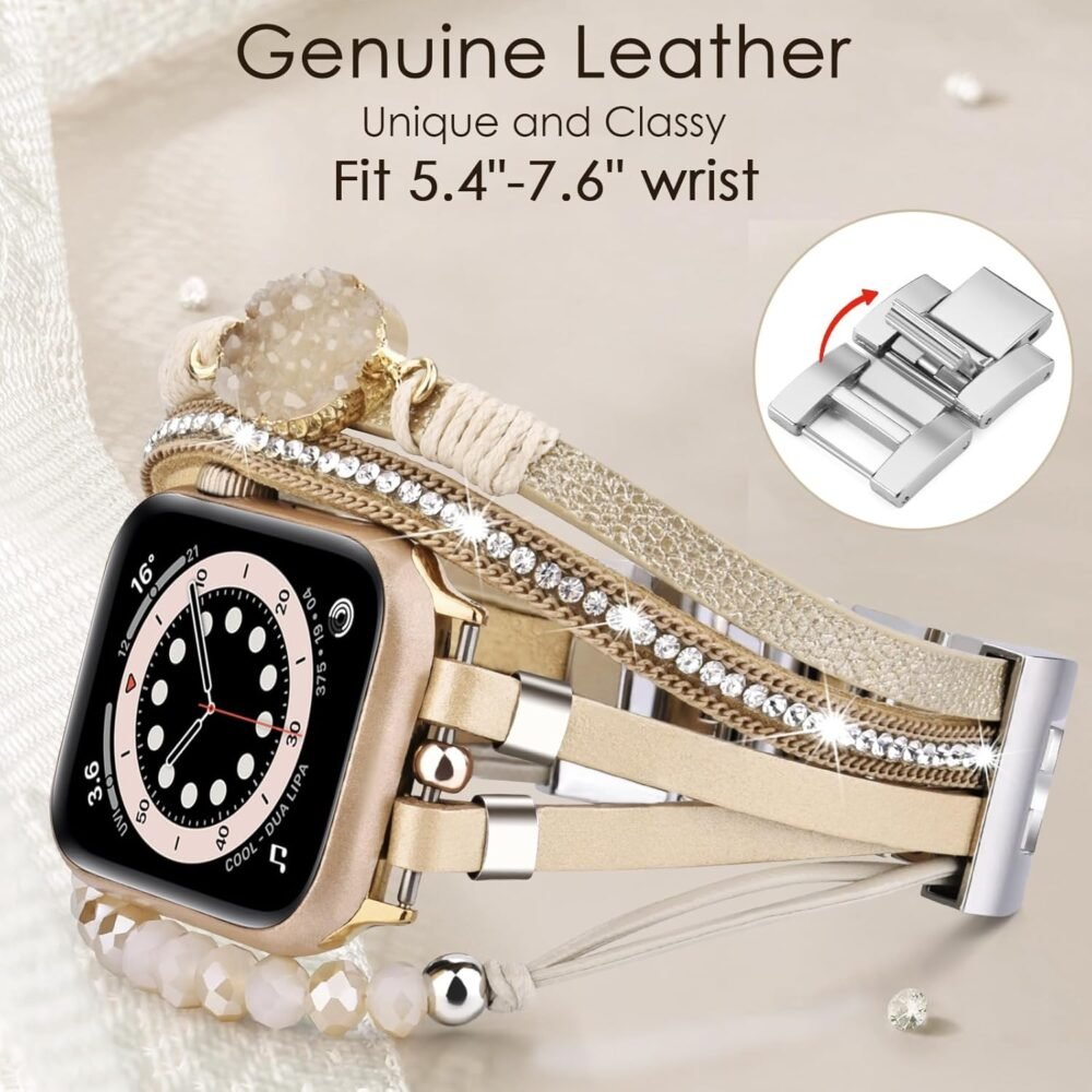 VISOOM Beaded Boho Bracelet Compatible for Apple Watch Band 40mm/38mm/41mm/46mm Series 10 9 8 7 SE Series 6/5/4 Women Leather Fashion Cute Handmade Multilayer Wrap Watch Strap for iWatch Bands 3/2/1 - Image 4