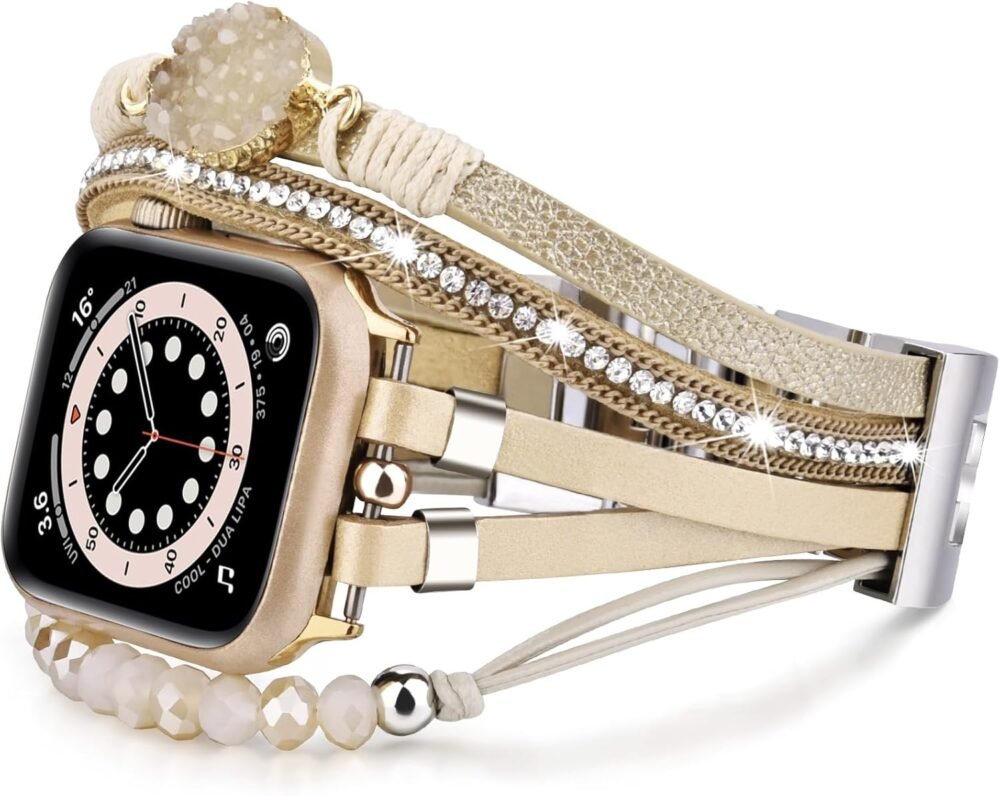 VISOOM Beaded Boho Bracelet Compatible for Apple Watch Band 40mm/38mm/41mm/46mm Series 10 9 8 7 SE Series 6/5/4 Women Leather Fashion Cute Handmade Multilayer Wrap Watch Strap for iWatch Bands 3/2/1 - Image 5