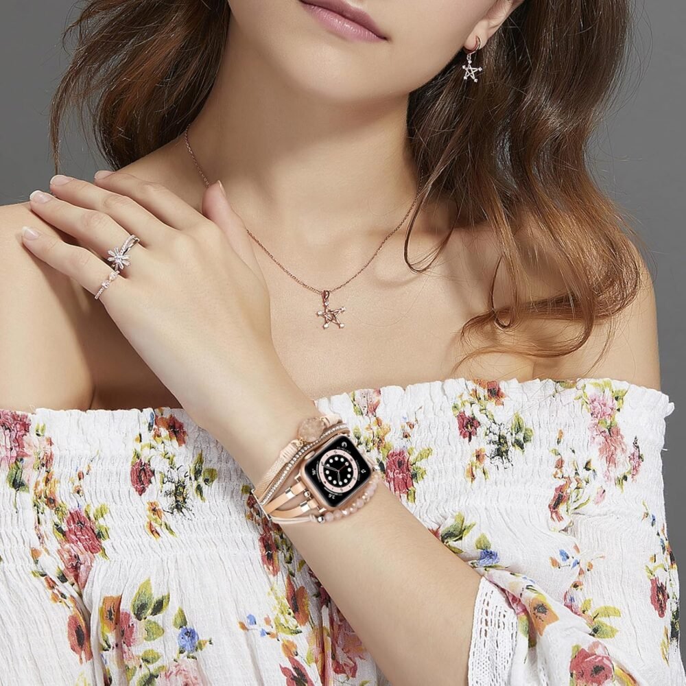 VISOOM Beaded Boho Bracelet Compatible for Apple Watch Band 40mm/38mm/41mm/46mm Series 10 9 8 7 SE Series 6/5/4 Women Leather Fashion Cute Handmade Multilayer Wrap Watch Strap for iWatch Bands 3/2/1 - Image 6