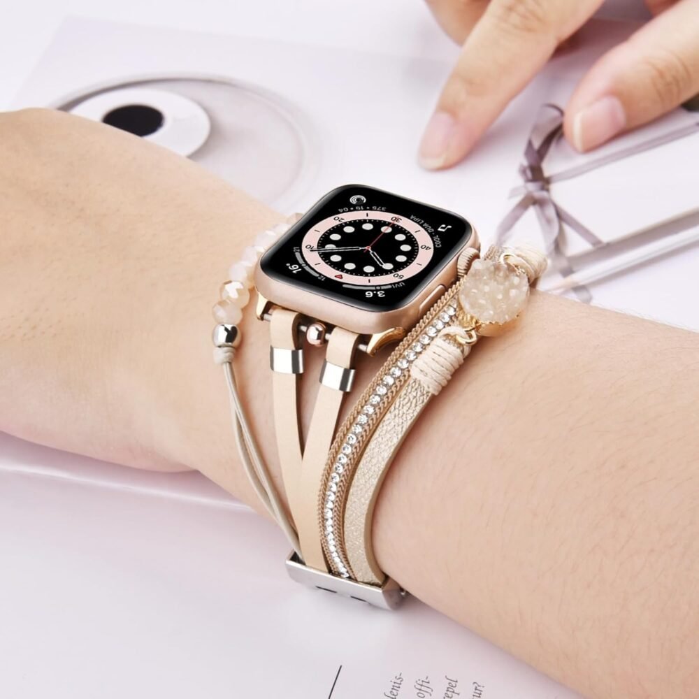 VISOOM Beaded Boho Bracelet Compatible for Apple Watch Band 40mm/38mm/41mm/46mm Series 10 9 8 7 SE Series 6/5/4 Women Leather Fashion Cute Handmade Multilayer Wrap Watch Strap for iWatch Bands 3/2/1 - Image 7