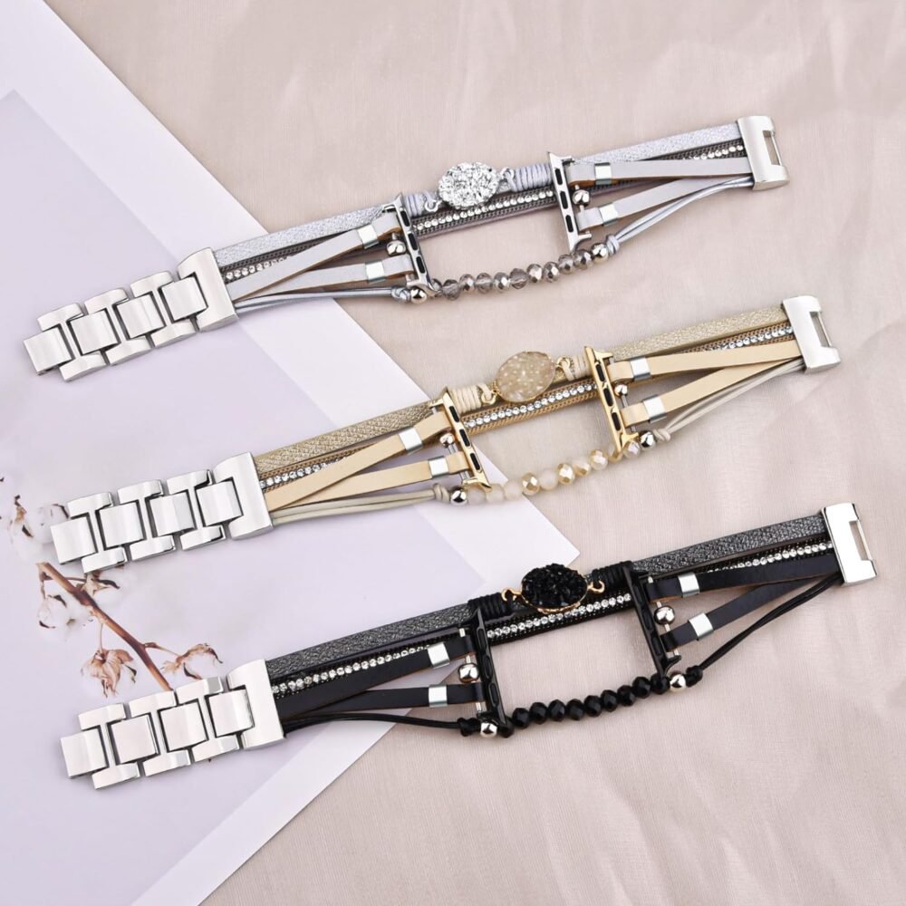 VISOOM Beaded Boho Bracelet Compatible for Apple Watch Band 40mm/38mm/41mm/46mm Series 10 9 8 7 SE Series 6/5/4 Women Leather Fashion Cute Handmade Multilayer Wrap Watch Strap for iWatch Bands 3/2/1 - Image 8