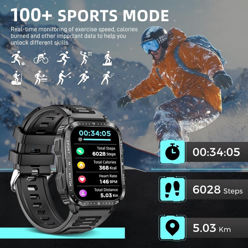 Military Smart Watches for Men (Make/Answer Call) with LED Flashlight 1.96" Big Screen 430mAh Fitness Tracker with Sport Modes Heart Rate Monitor Rugged Smartwatch for iPhone Android - Image 7
