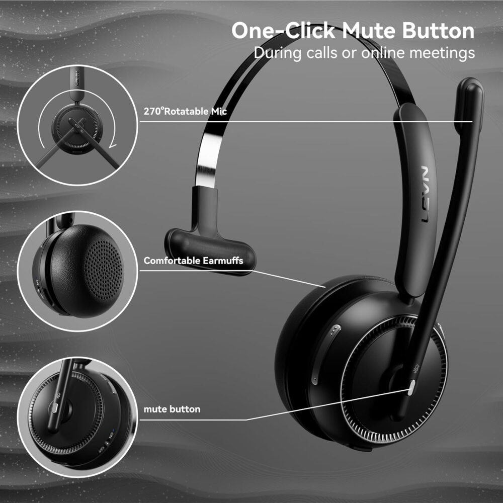 LEVN Wireless Headset 5.2 for Call Center, Bluetooth Headphones with Mic for Work(Noise Cancelling), 65 Hours Woktime & Mute Button,Wireless Headset for Work from Home/Office/PC/Computer/Laptop(Black) - Image 7