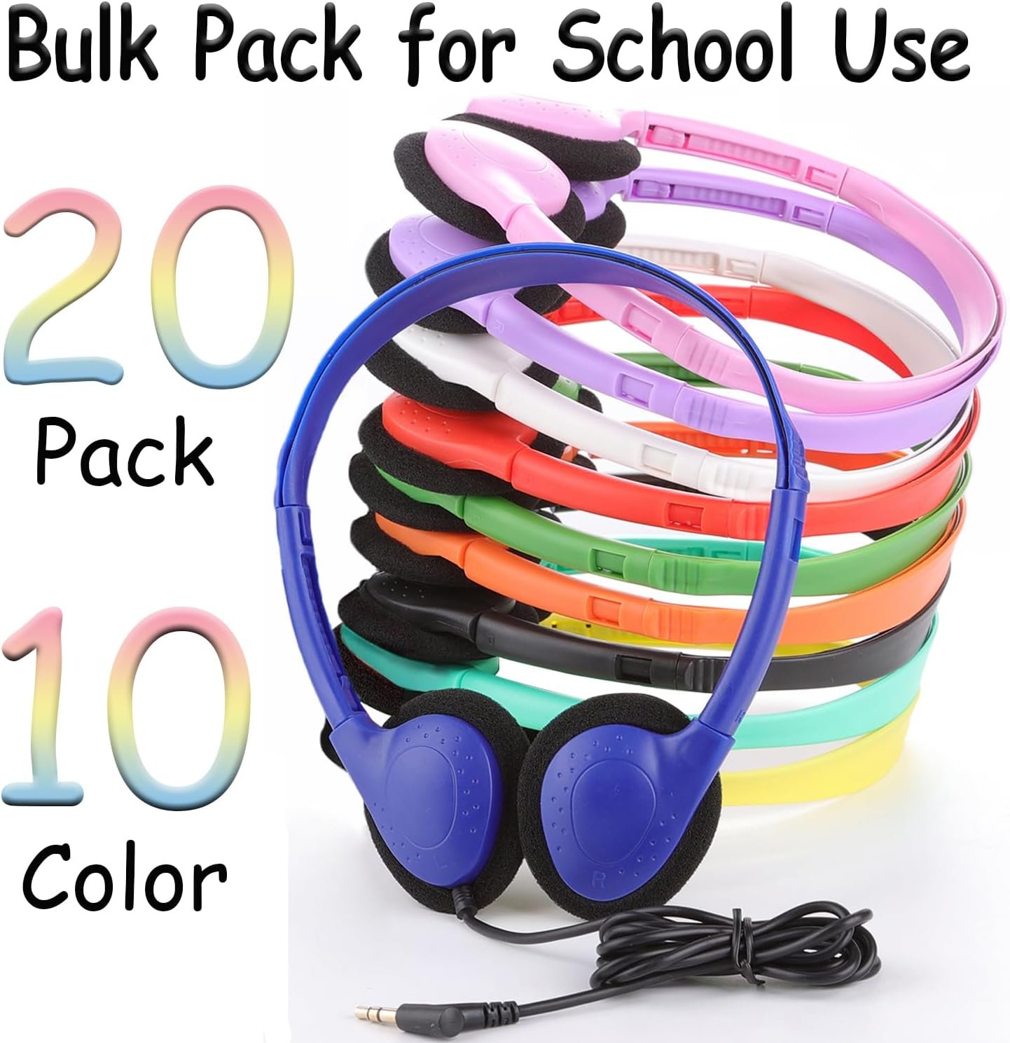 20 Pack Bulk Classroom Headphones for Students Kids School, Wholesale Headphones Class Set with 3.5mm Jack for Chromebook Laptop PC Computer(10 Mixed Colors) - Image 3