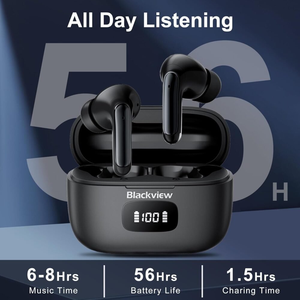 Wireless Earbuds, Bluetooth Earphones 5.3 with 4 ENC Noise Cancelling Mic, Blackview Headphones with HiFi Stereo Deep Bass, LED Display, 56H Playtime, IPX7 Waterproof, for Android iOS Laptop, Black - Image 4