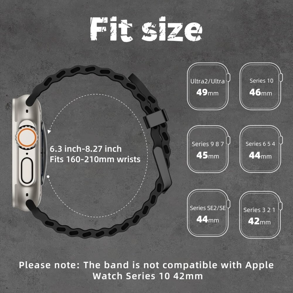 Odbeai Ocean Sport band Compatible with Apple Watch Ultra 2/Ultra Band for Men 49mm 46mm 45mm 44mm 42mm,Soft Silicone Breathable Waterproof Outdoors for iWatch Series 10 9 8-1 SE Black Men Women - Image 7