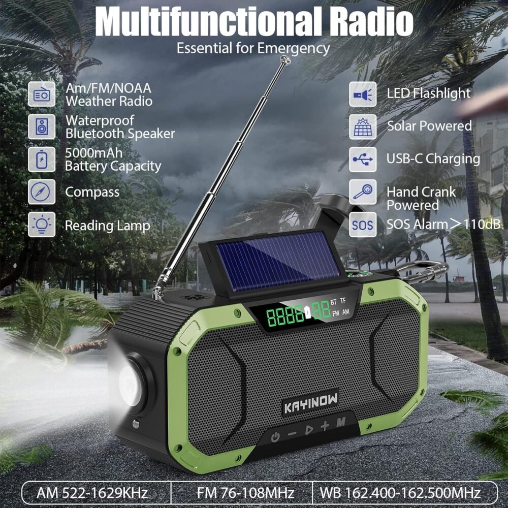 Hand Crank Solar Power Emergency Radio with Waterproof Bluetooth Speaker,Portable AM FM NOAA Weather Radio,5000mAh Rechargeable Battery Operated,Phone Charger,Flashlight,SOS,Survival Storm Camping - Image 9