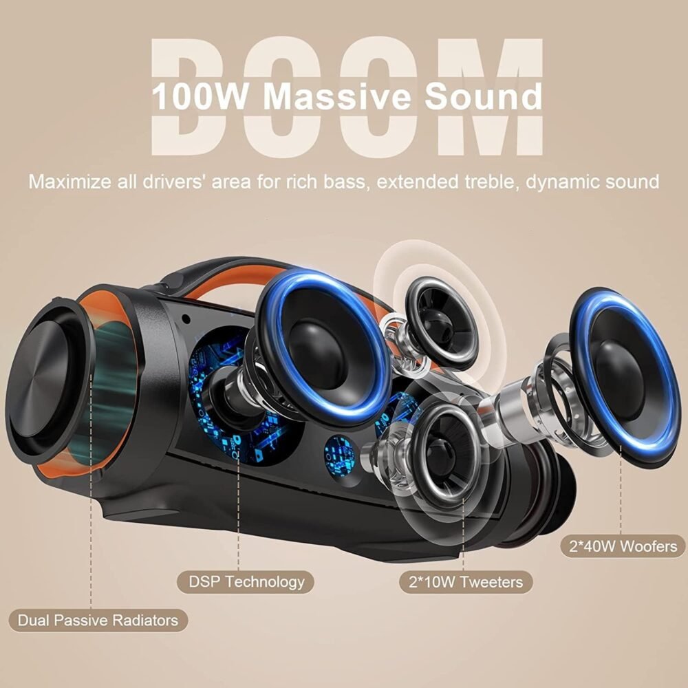 DOSS Extreme Boom Pro Bluetooth Speaker with 100W Stereo Sound, Rich Bass, IPX6 Waterproof, 20H Playtime, Power Bank, Mixed Color Light, Portable for Outdoor, Camping, Beach - Orange - Image 3