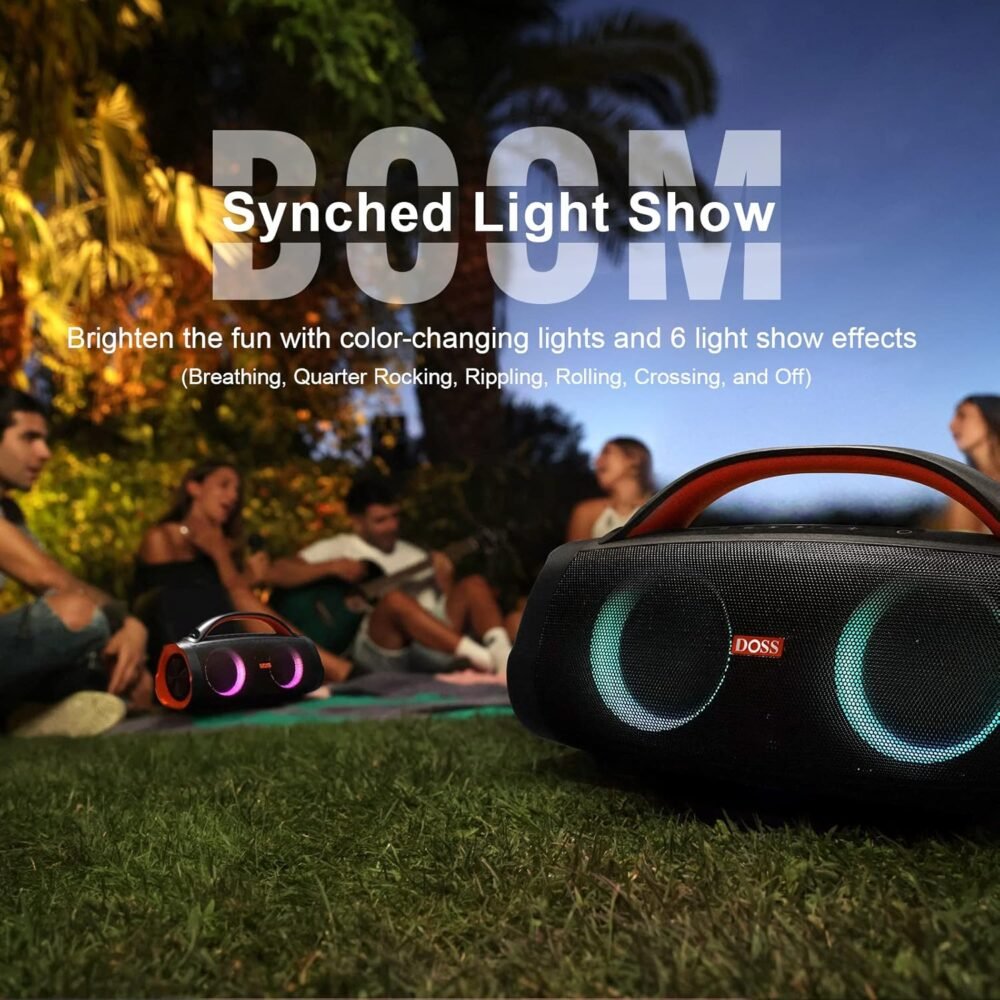 DOSS Extreme Boom Pro Bluetooth Speaker with 100W Stereo Sound, Rich Bass, IPX6 Waterproof, 20H Playtime, Power Bank, Mixed Color Light, Portable for Outdoor, Camping, Beach - Orange - Image 7