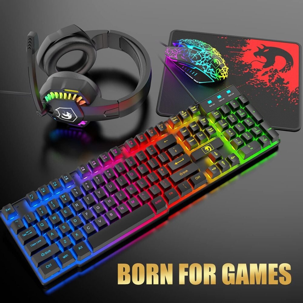 Wired Gaming Keyboard and Mouse Headset Combo,Rainbow LED Backlit Wired Keyboard,Over Ear Headphone with Mic,Rainbow Backlit Gaming Mice,Mouse Pad,for PC,Laptop,Mac,PS4,Xbox(Black) - Image 4