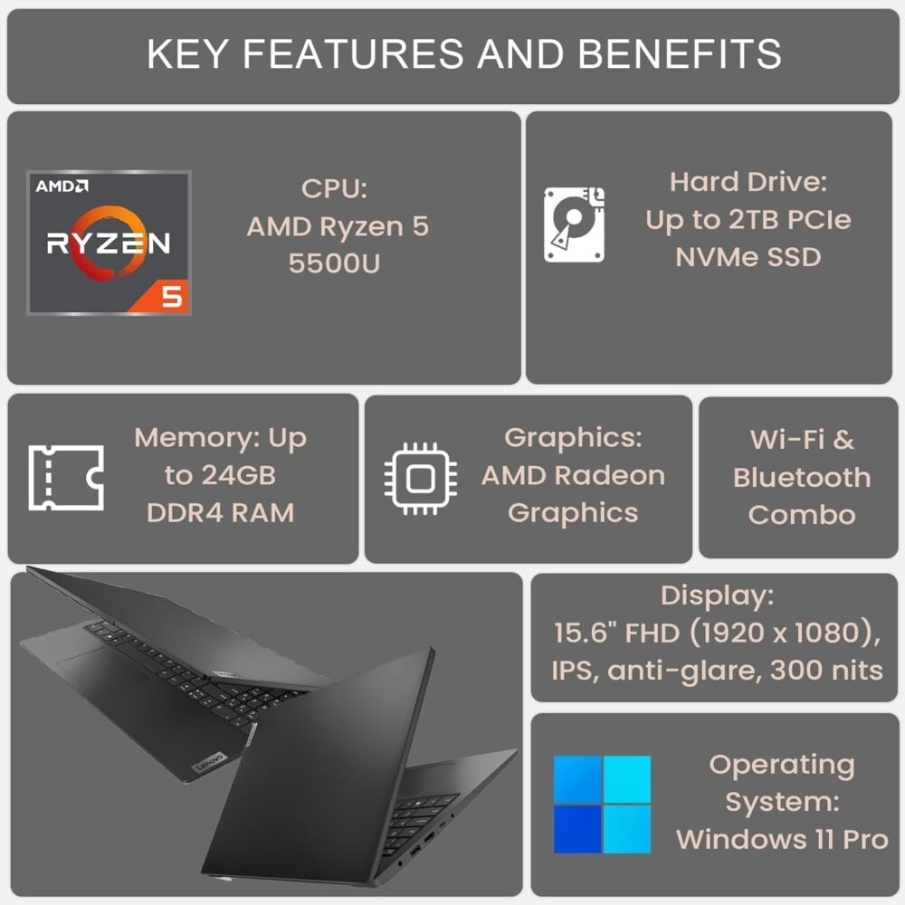 Lenovo V15 Gen 4 Business Laptop, 15.6" FHD Screen, AMD Ryzen 5 5500U, 12GB RAM, 512GB SSD, Webcam, RJ-45, Wi-Fi, Windows 11 Pro, Black, Additional 1 Yr ADP - Image 7