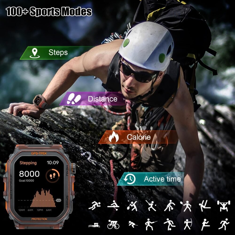 Military Smart Watch for Men (Answer/Make Calls), 1.75'' Smart Watch for Android and iPhone, Fitness Watch with 100+ Sports Modes, IP68 Waterproof, GPS/Heart Rate/Sleep/Stress, Watches for Men - Image 4