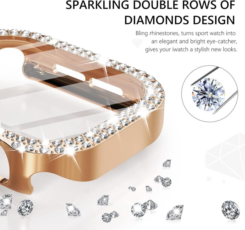 Wingle 2 Pack Bling Case for Apple Watch Series 10 46mm Screen Protector Case, Diamond Face Cover Apple Watch 10 46 mm Crystal Rhinestone iWatch Protective Tempered Glass Protector, Rose Gold/Clear - Image 3