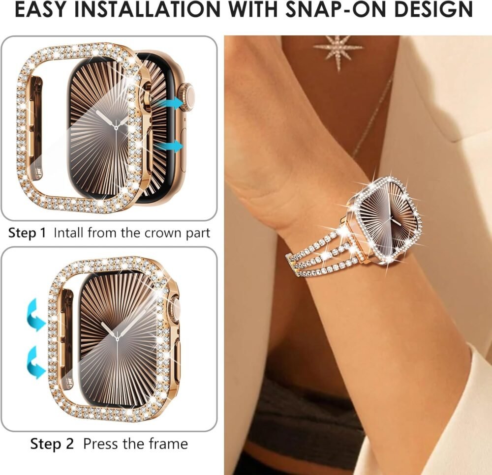 Wingle 2 Pack Bling Case for Apple Watch Series 10 46mm Screen Protector Case, Diamond Face Cover Apple Watch 10 46 mm Crystal Rhinestone iWatch Protective Tempered Glass Protector, Rose Gold/Clear - Image 4