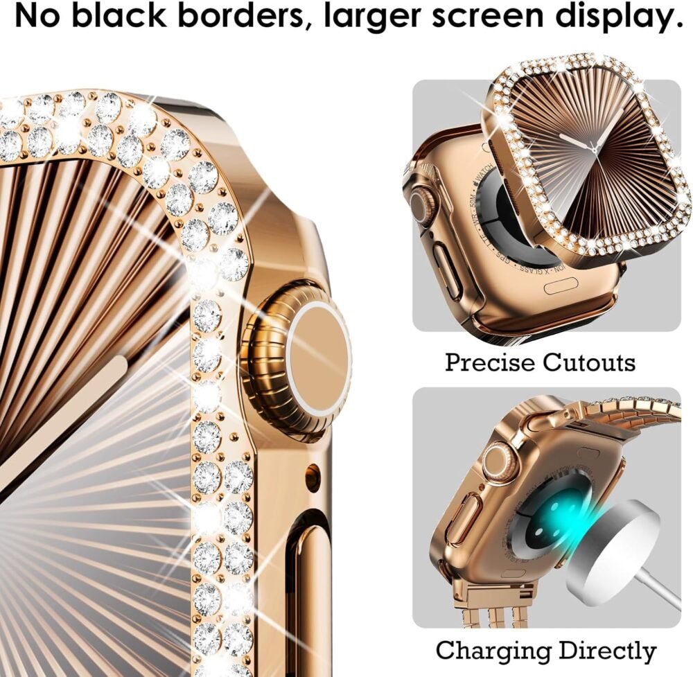 Wingle 2 Pack Bling Case for Apple Watch Series 10 46mm Screen Protector Case, Diamond Face Cover Apple Watch 10 46 mm Crystal Rhinestone iWatch Protective Tempered Glass Protector, Rose Gold/Clear - Image 5