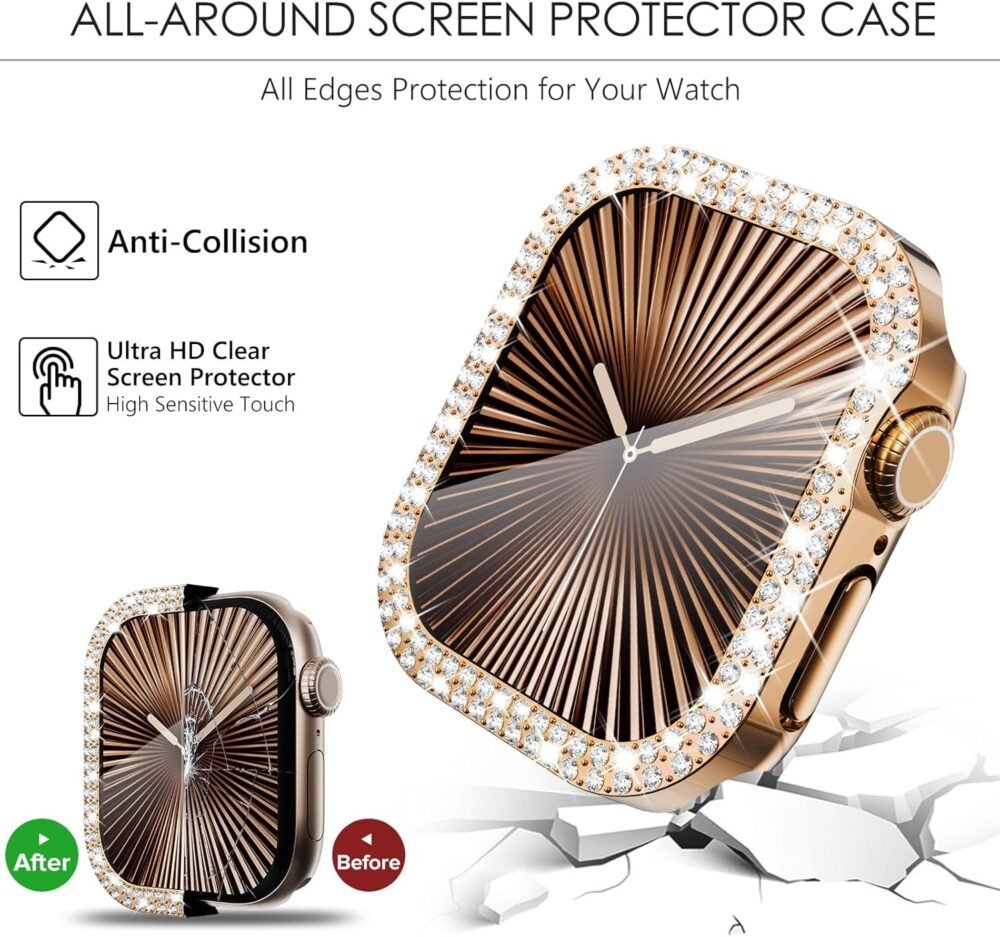 Wingle 2 Pack Bling Case for Apple Watch Series 10 46mm Screen Protector Case, Diamond Face Cover Apple Watch 10 46 mm Crystal Rhinestone iWatch Protective Tempered Glass Protector, Rose Gold/Clear - Image 6