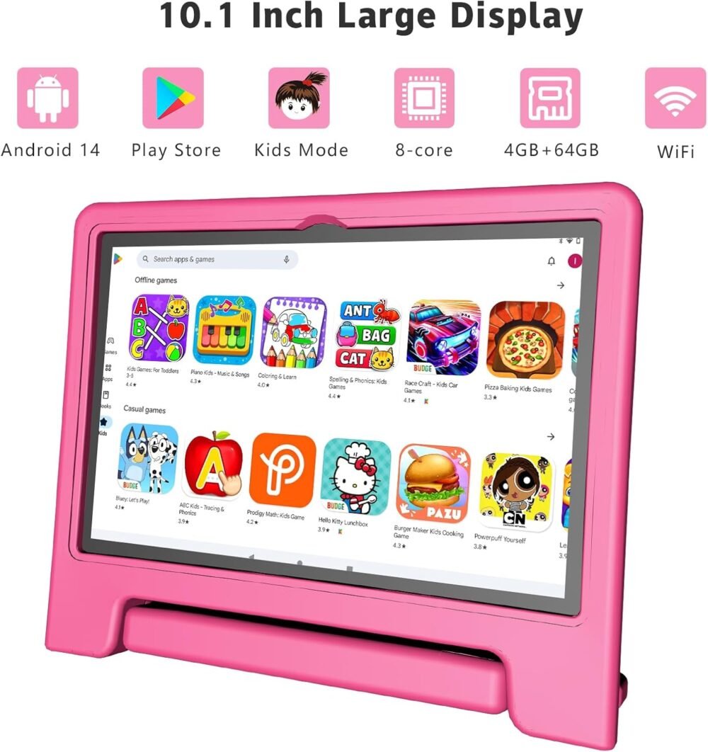 Kids Tablet, 10.1 Inch Tablet for Kids Android 14, 64GB Octa-Core, WiFi, Big Battery, Google Kids Space, Parental Control 1280 * 800 HD Display Children Tablets Pink - Image 3