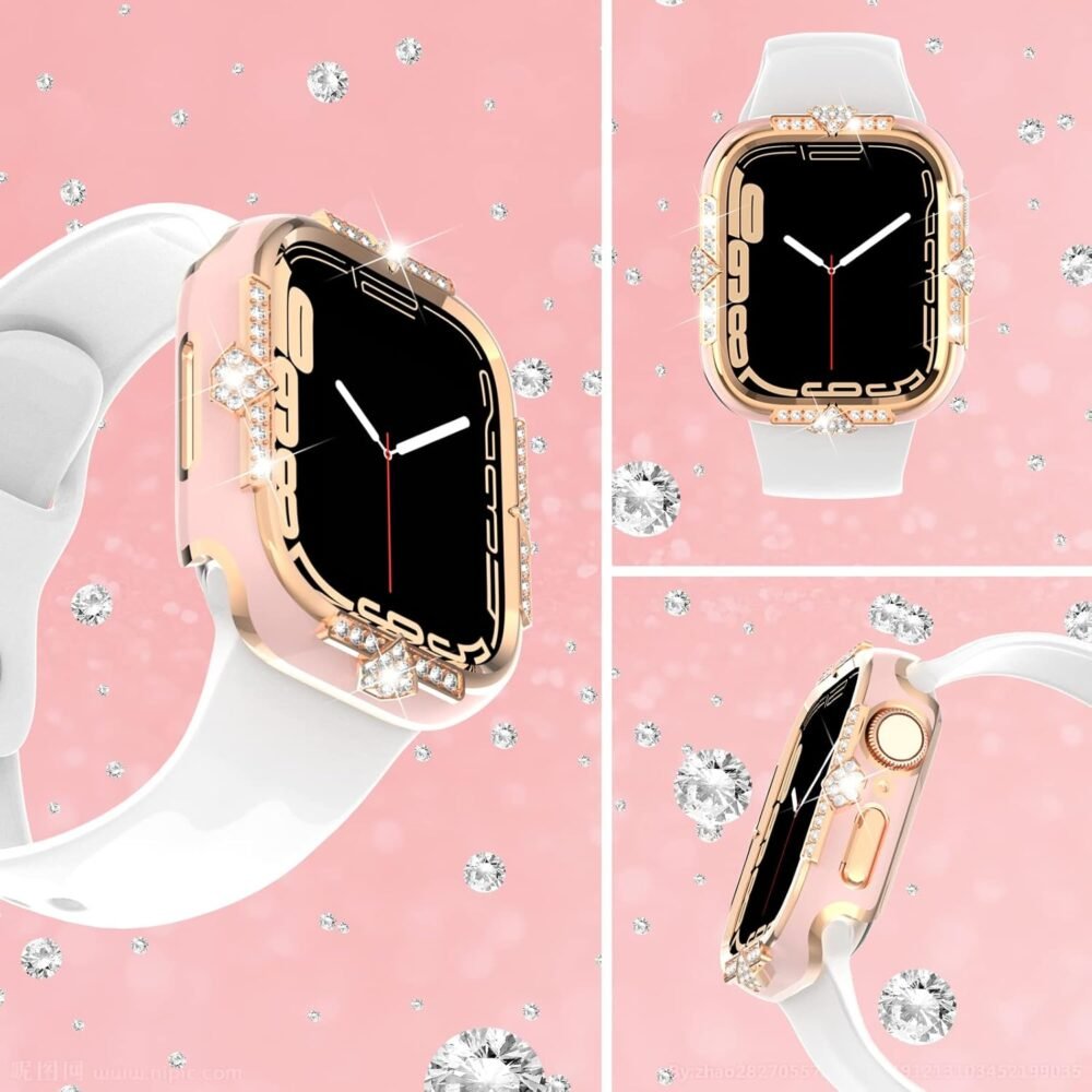 Compatible with Apple Watch Case Series 10/9/8/7/6/5/4 /SE Rhinestones with Built-in Glass Screen Protector 46/42 / 40/44 / 41/ 45mm Diamond iWatch Cover for Women Girl (Pink-RG, 41mm) - Image 3