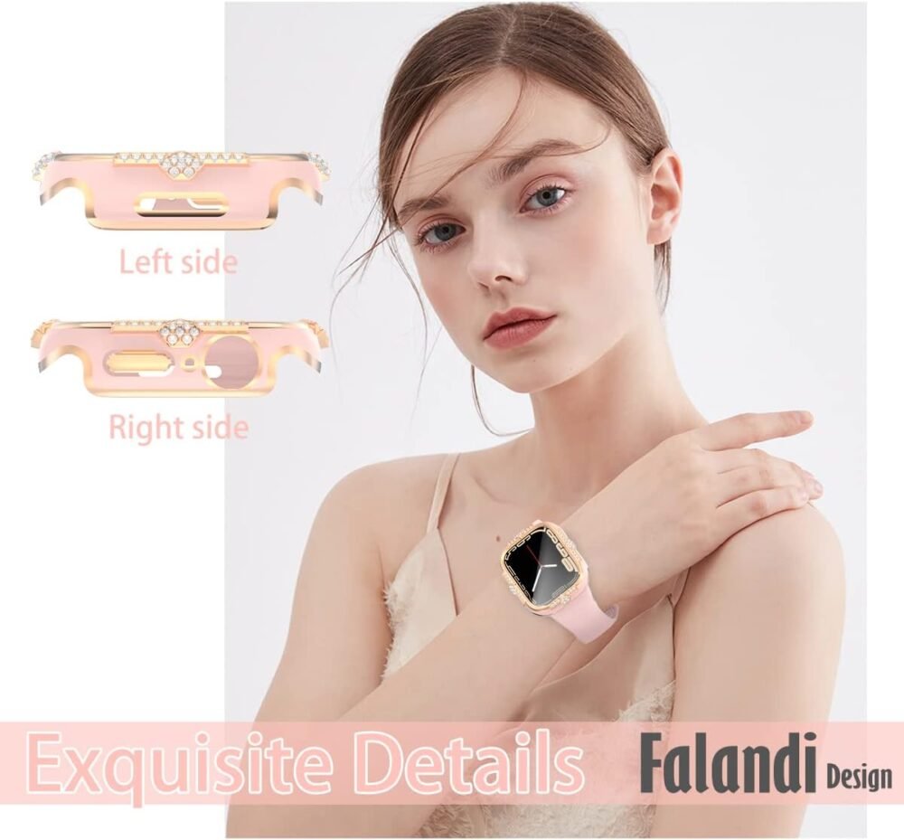 Compatible with Apple Watch Case Series 10/9/8/7/6/5/4 /SE Rhinestones with Built-in Glass Screen Protector 46/42 / 40/44 / 41/ 45mm Diamond iWatch Cover for Women Girl (Pink-RG, 41mm) - Image 4