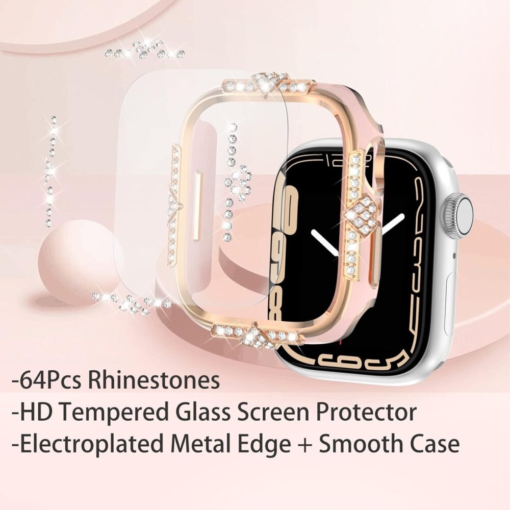 Compatible with Apple Watch Case Series 10/9/8/7/6/5/4 /SE Rhinestones with Built-in Glass Screen Protector 46/42 / 40/44 / 41/ 45mm Diamond iWatch Cover for Women Girl (Pink-RG, 41mm) - Image 5