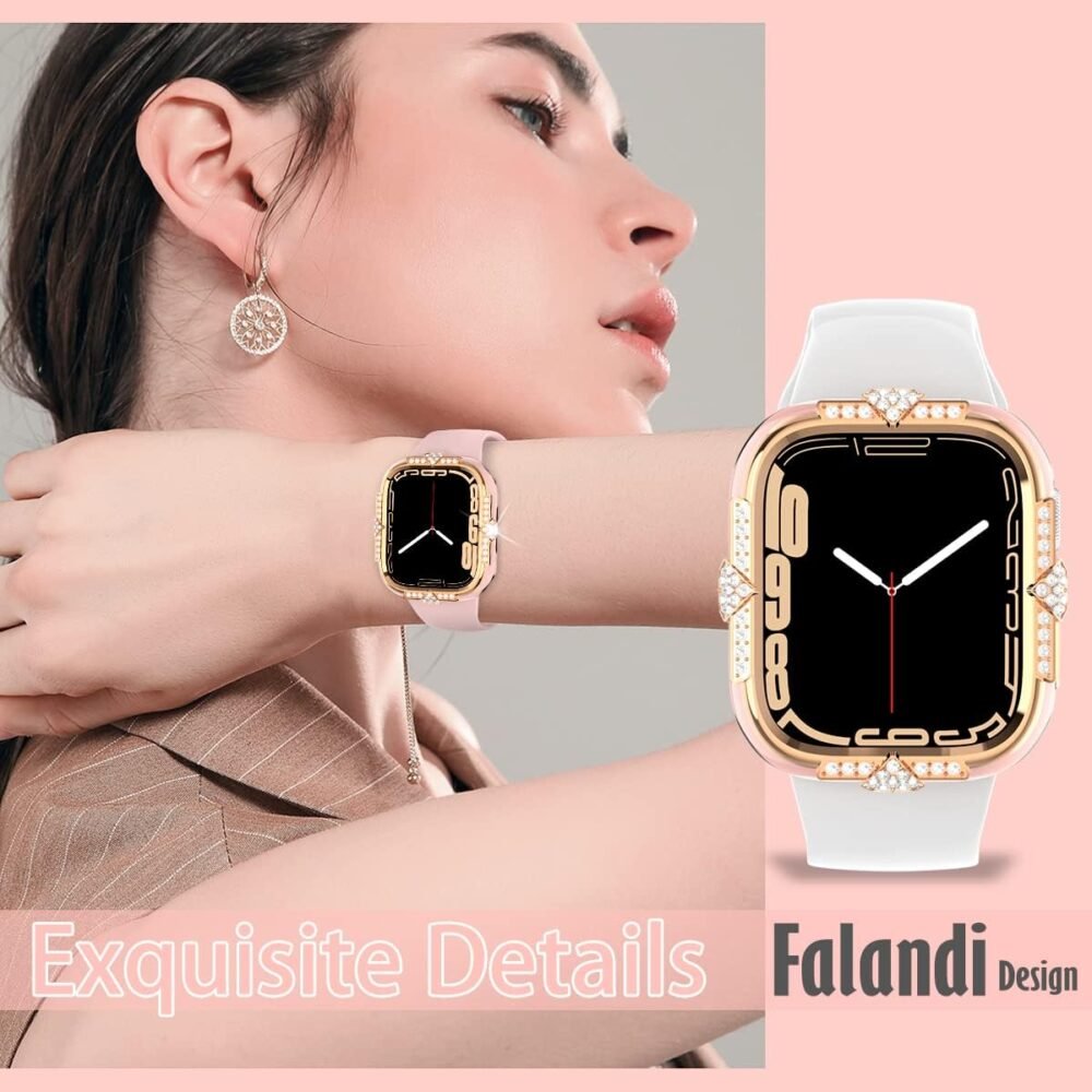 Compatible with Apple Watch Case Series 10/9/8/7/6/5/4 /SE Rhinestones with Built-in Glass Screen Protector 46/42 / 40/44 / 41/ 45mm Diamond iWatch Cover for Women Girl (Pink-RG, 41mm) - Image 6