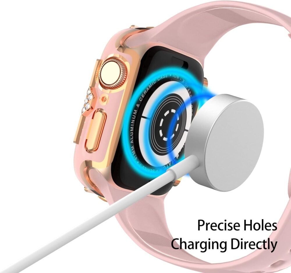 Compatible with Apple Watch Case Series 10/9/8/7/6/5/4 /SE Rhinestones with Built-in Glass Screen Protector 46/42 / 40/44 / 41/ 45mm Diamond iWatch Cover for Women Girl (Pink-RG, 41mm) - Image 8