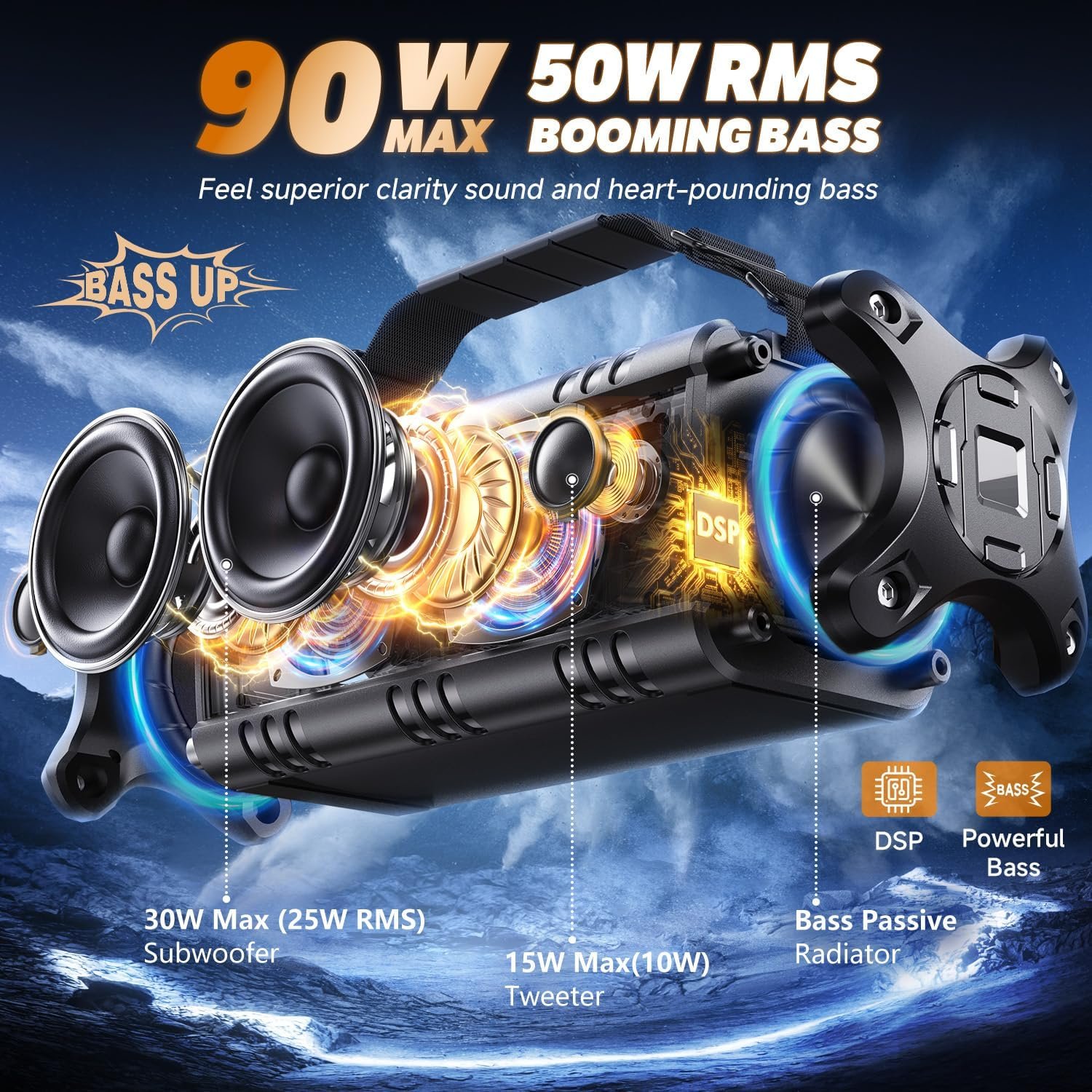 W-KING Bluetooth Speaker, 90W Max Loud Portable Speakers Bluetooth Wireless, IPX6 Waterproof Outdoor Speaker with 50W Deep Bass/2 Powerful Subwoofer/40H/Power Bank/EQ/TF/AUX/NFC for Pool/Party/Travel - Image 3
