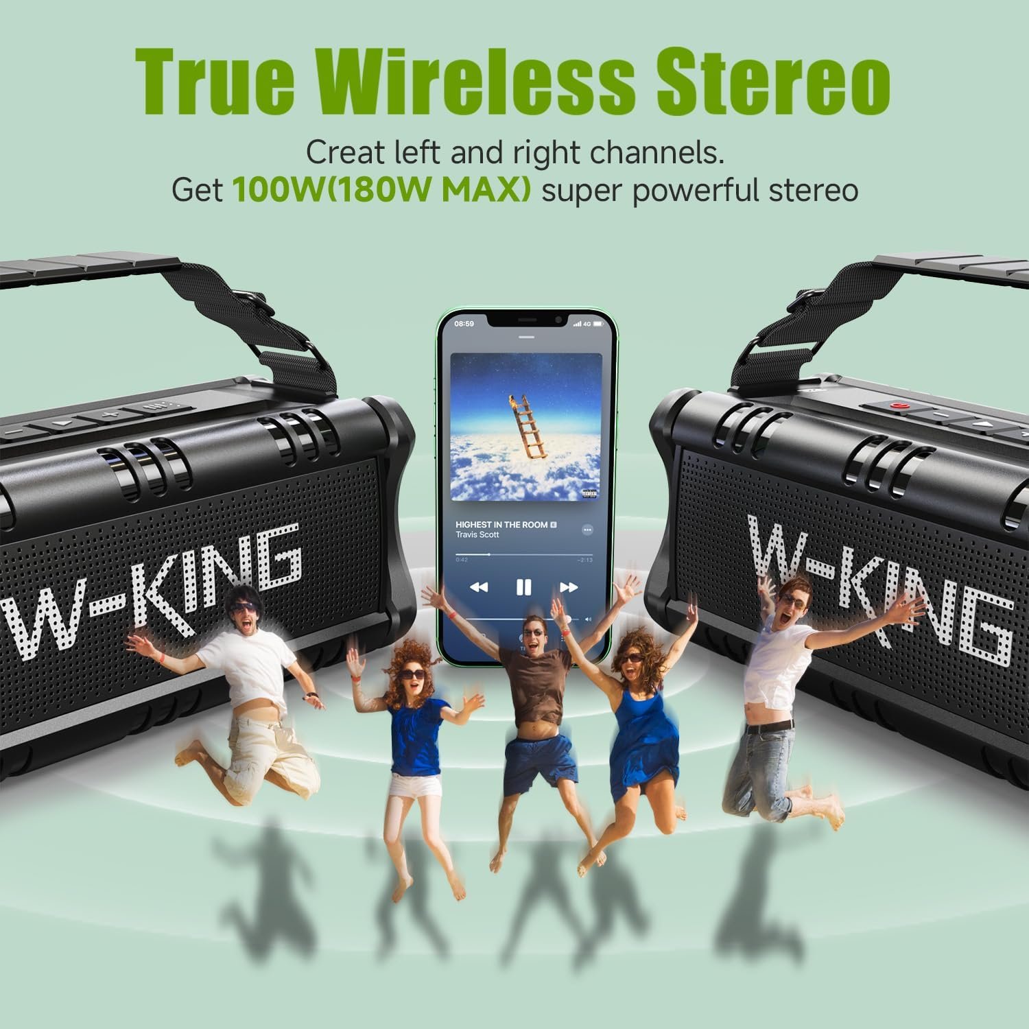 W-KING Bluetooth Speaker, 90W Max Loud Portable Speakers Bluetooth Wireless, IPX6 Waterproof Outdoor Speaker with 50W Deep Bass/2 Powerful Subwoofer/40H/Power Bank/EQ/TF/AUX/NFC for Pool/Party/Travel - Image 5
