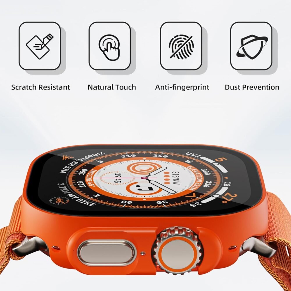 2 Pack Case for Apple Watch Ultra 2 Screen Protector, Built-in Tempered Glass Film Full Protection Anti-scratch Hard PC Face Cover for iwatch Ultra 49mm, Orange - Image 4