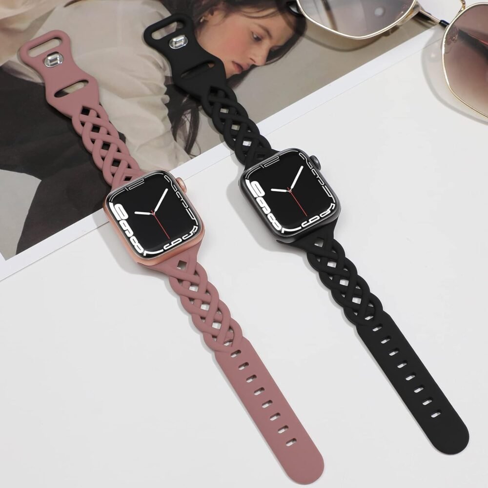 Braided Silicone Bands Compatible with Apple Watch 38mm 40mm 41mm 42mm 44mm 45mm 46mm 49mm for Women, Slim Thin Narrow Hollow-out Strap Cute for iWatch Ultra 2 Series 10/SE/9/8/7/6/5/4/3/2/1 Women - Image 4