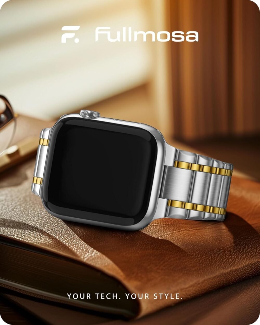 Fullmosa Bands Compatible Apple Watch 45mm 44mm 42mm, Stainless Steel iWatch Band with Case for Apple Watch Series 9 8 7 6 5 4 3 2 1 SE, Silver and Gold - Image 3