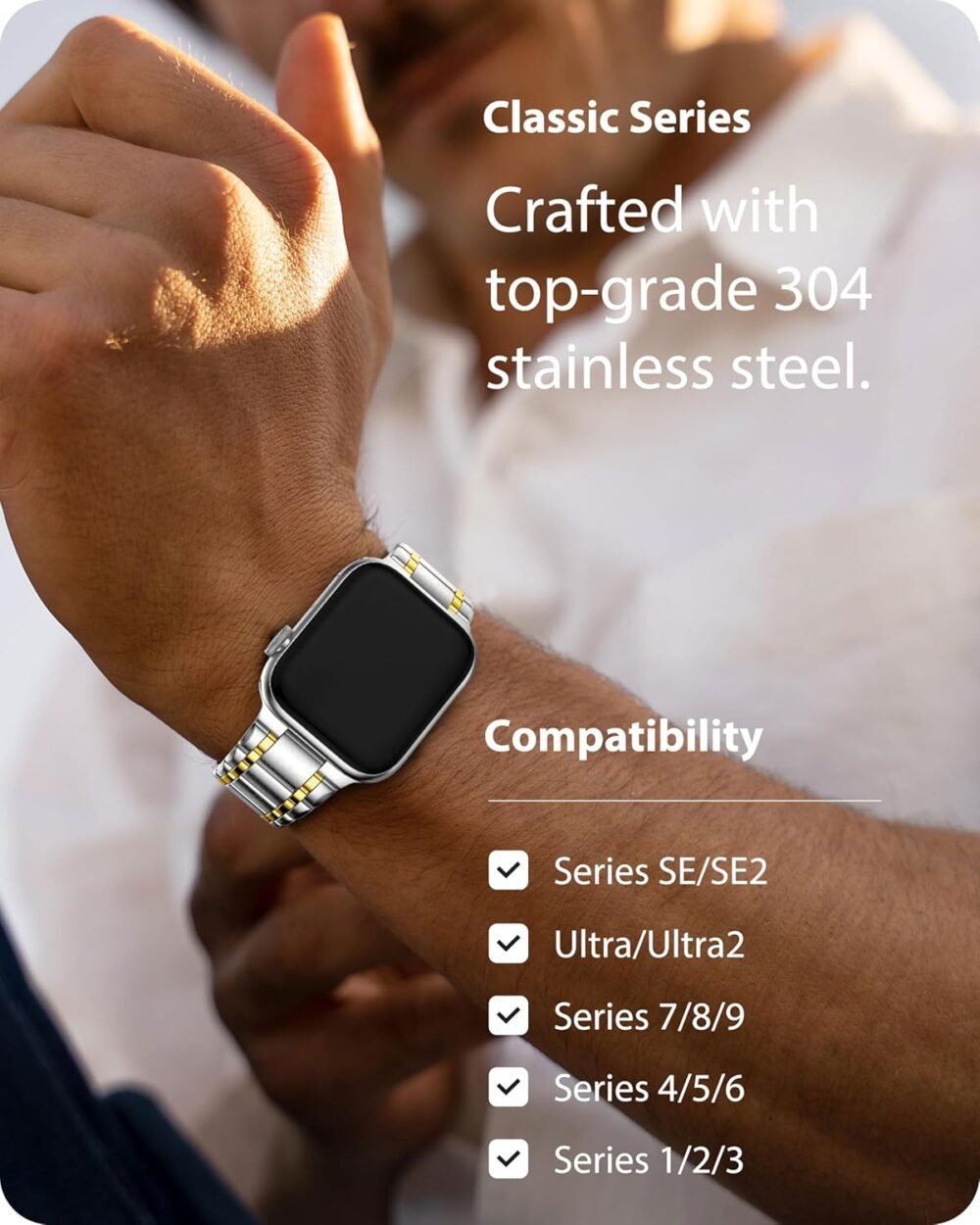 Fullmosa Bands Compatible Apple Watch 45mm 44mm 42mm, Stainless Steel iWatch Band with Case for Apple Watch Series 9 8 7 6 5 4 3 2 1 SE, Silver and Gold - Image 4