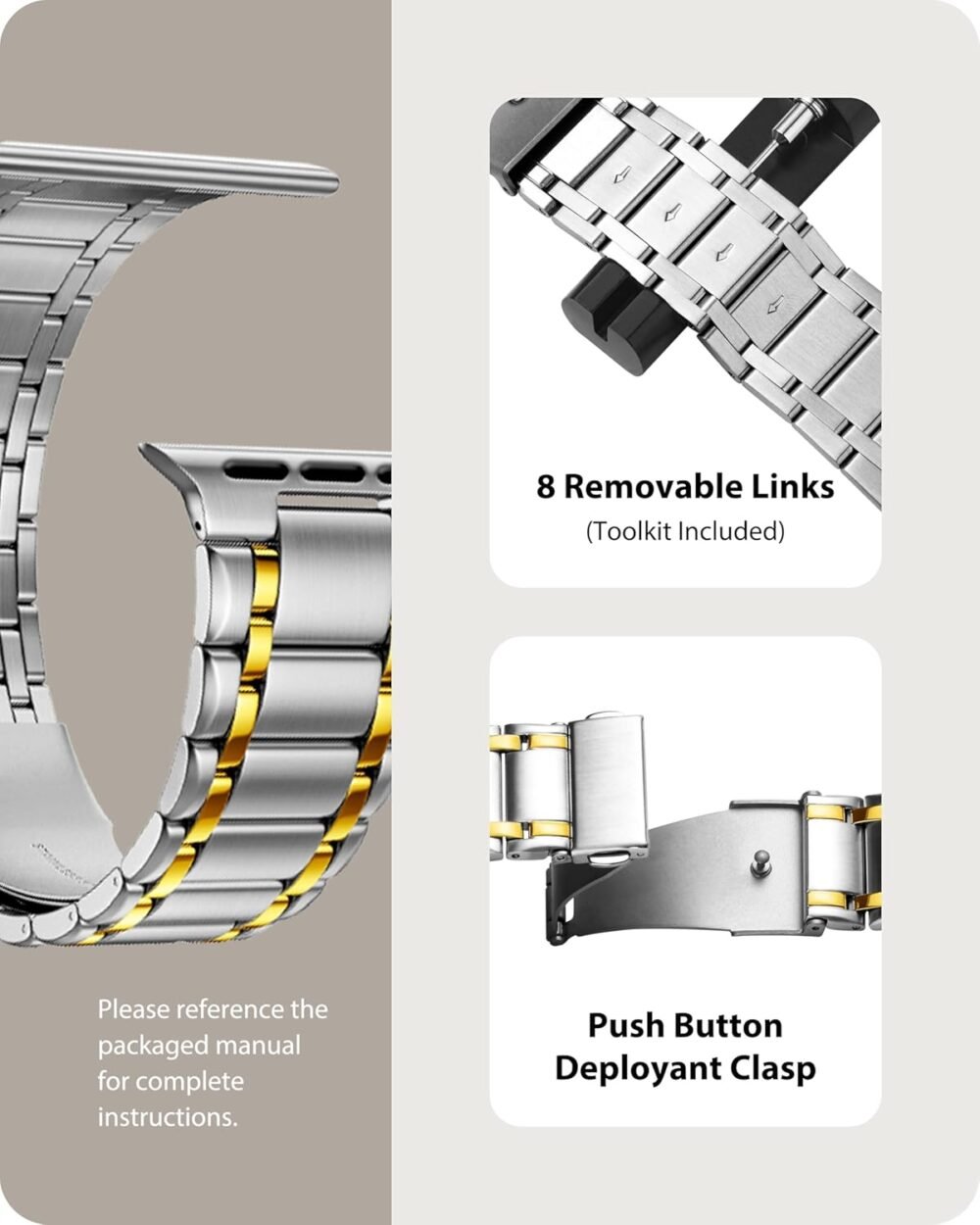 Fullmosa Bands Compatible Apple Watch 45mm 44mm 42mm, Stainless Steel iWatch Band with Case for Apple Watch Series 9 8 7 6 5 4 3 2 1 SE, Silver and Gold - Image 5
