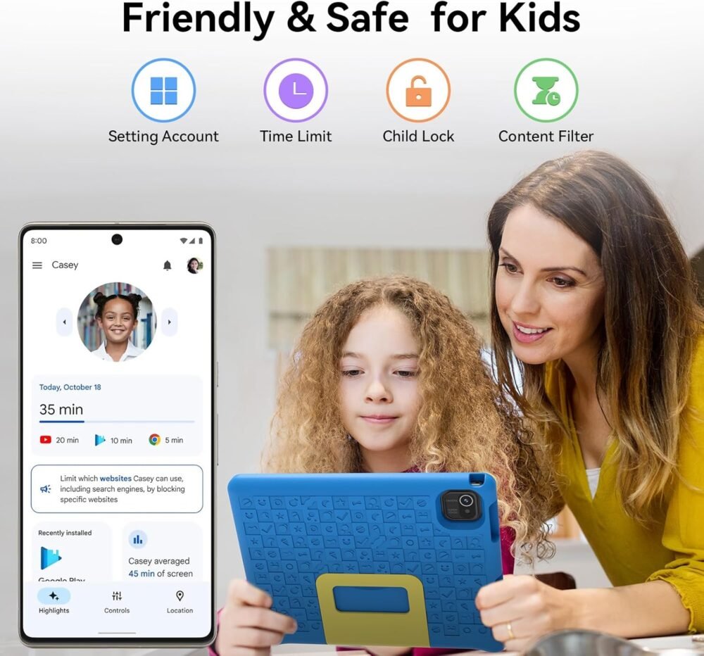 Kids Tablet 10 inch, Tablets for Kids Ages 3-7 with EVA Case, 32GB Storage(TF Expand 512GB), Pre-Installed Google Kids Space, Family Link, Child Education Contents, 5000mAh Battery - Blue - Image 3